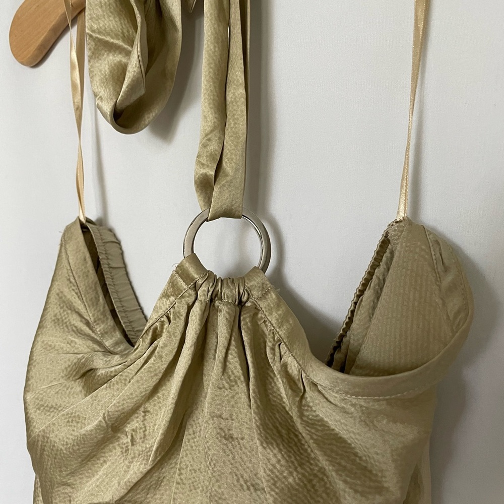 Gold silk like material top with tie around neck. WHBM, Size 4